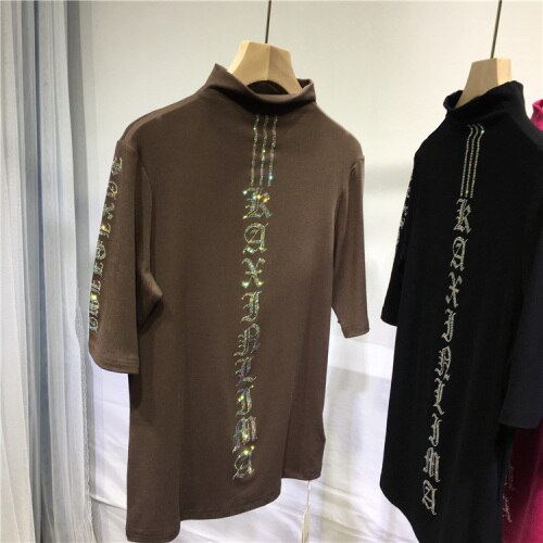 High Quality Hot Drilling Letter High Collar Bottoming Top Half Sleeve Skinny Autumn Black T-shirt All-match Streetwear Pullover