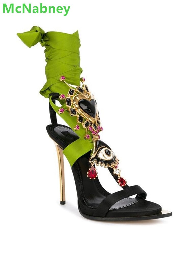 Front And Rear Straps Rhinestone Sandals 2022 New Luxury Designer Shoes For Women Metal Heel Round Toe Sexy Fashion Women Shoes