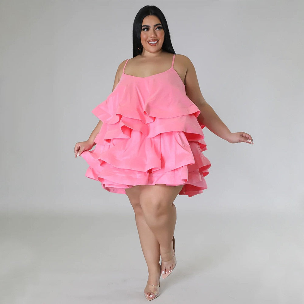 CM.YAYA Plus Size Vintage Women Cascanding Ruffles Big Swing Ball Gown Cake Babydoll Spaghetti Strap Sleeveless Dress Vestidos