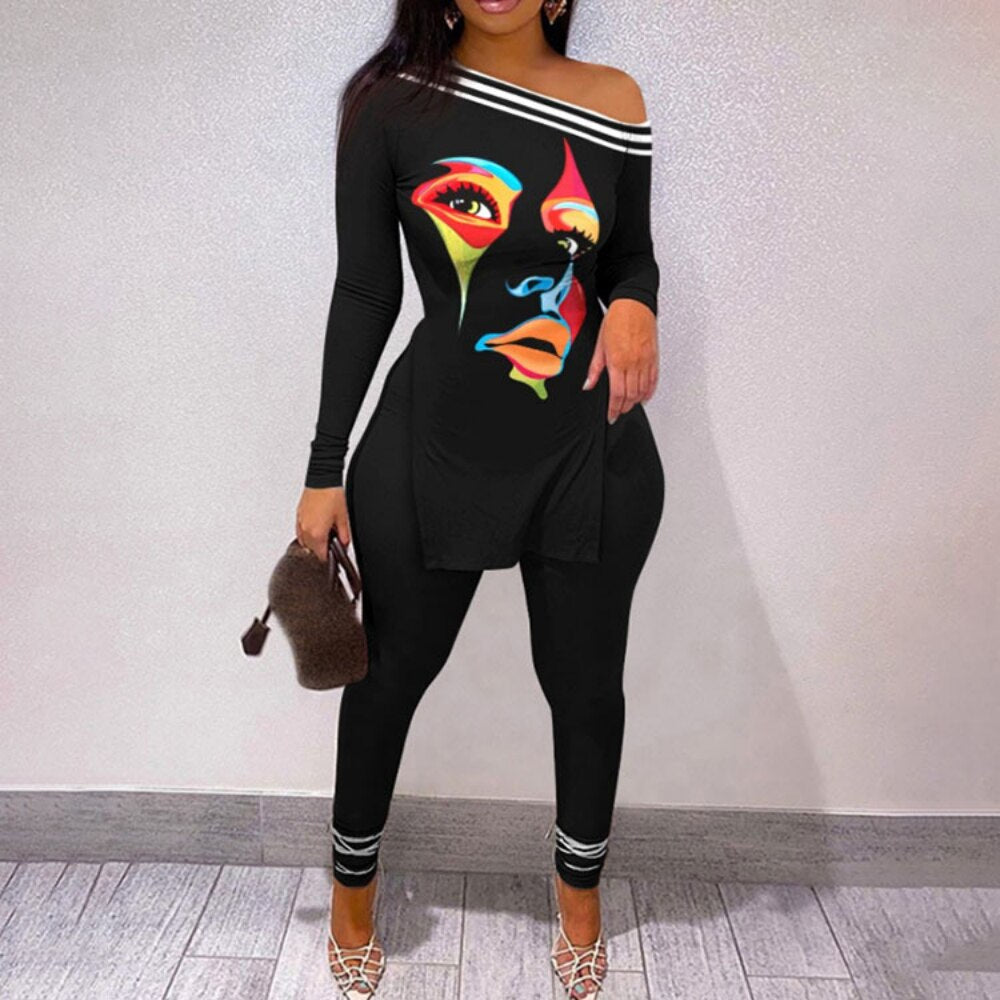 Autumn Fashion Print Two Piece Set Women Sexy Diagonal Neck Off Shoulder Split Tshirt Pencil Pants Two Piece Set Women