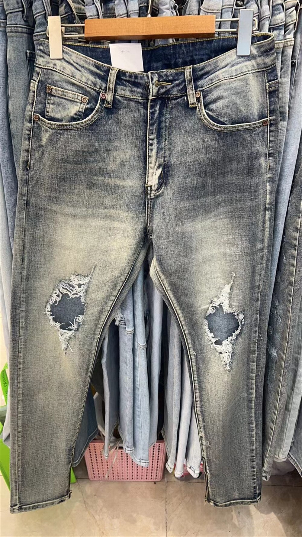 Ight Blue Flex Thoughout Jean Ripped Pleat Jean Streetwear Slim Skinny Stretch Denim Tapered Pant Men Motorcycle Pant Jeans Men