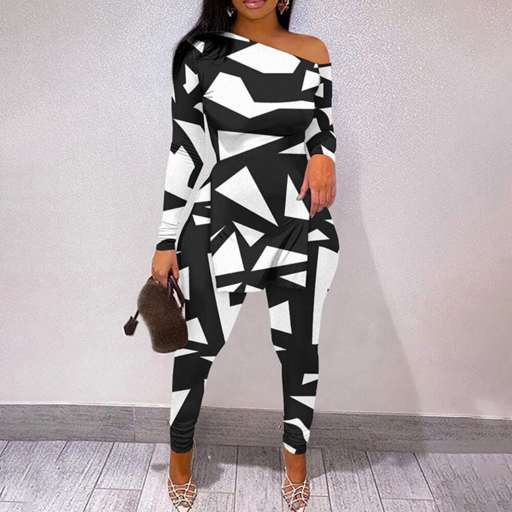 Autumn Fashion Print Two Piece Set Women Sexy Diagonal Neck Off Shoulder Split Tshirt Pencil Pants Two Piece Set Women