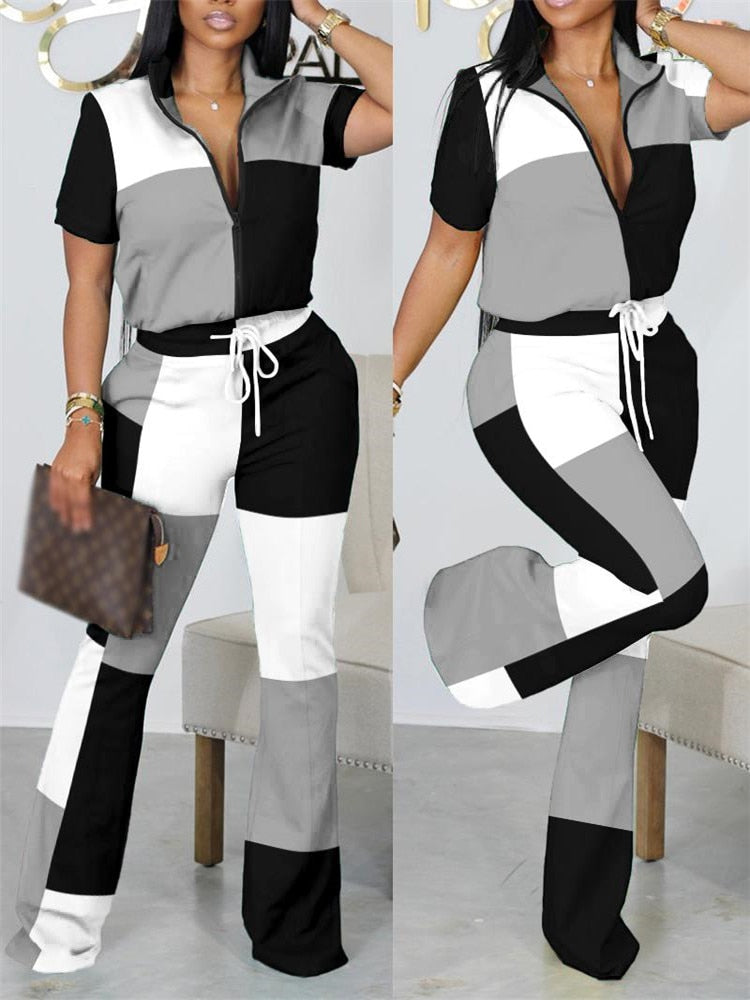 2023 Two Piece Sets Womens Geometric Print Zip Up Top &amp; Drawstring Pants Set Outifits Fashion Tracksuits Casual T Female Outfit