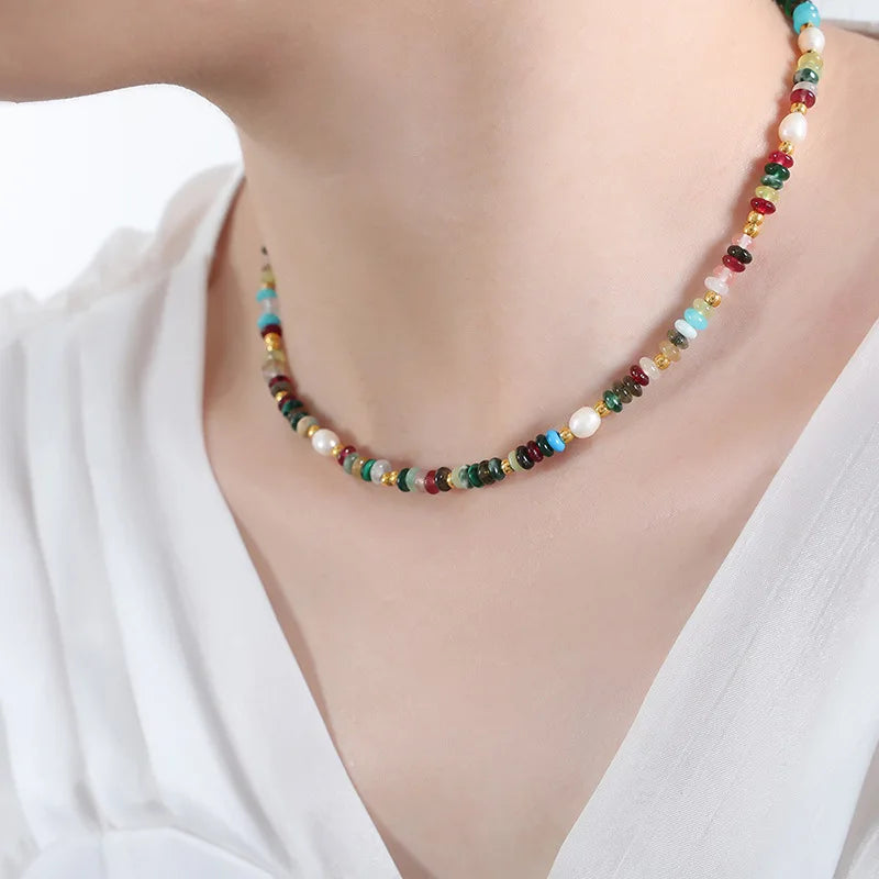 Boho Beaded Necklaces Bracelets For Women Multi Color Natural Stone Beads Stainless Steel Chain Neckalce Bracelet Jewelry Set