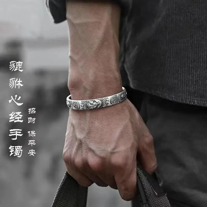 999 Silver Brave Bracelet Men's Fashion Trend Retro Style Boy's Opening Bangle Trend Personality Hand Chain for Holiday Gifts