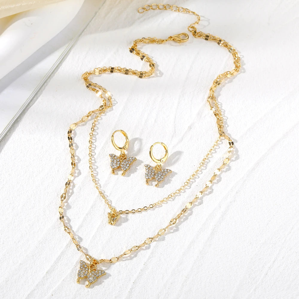 IPARAM Minimalist Crystal Butterfly Pendant Earrings Necklace Jewelry Set for Women Chains Fashion Jewelry Gifts