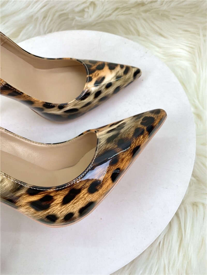 Heelgoo Sexy Women Leopard Patent Pointy Toe High Heel Shoes for Party 8cm 10cm 12cm Celebrity Stiletto Pumps Plus Size 33-46