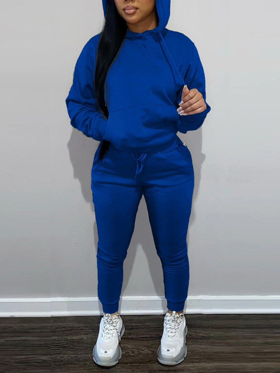 LW BASICS Hooded Collar Drawstring Tracksuit Set Two piece sets womens outifits Long Sleeve Lace-up Hooded Collar women sportswe