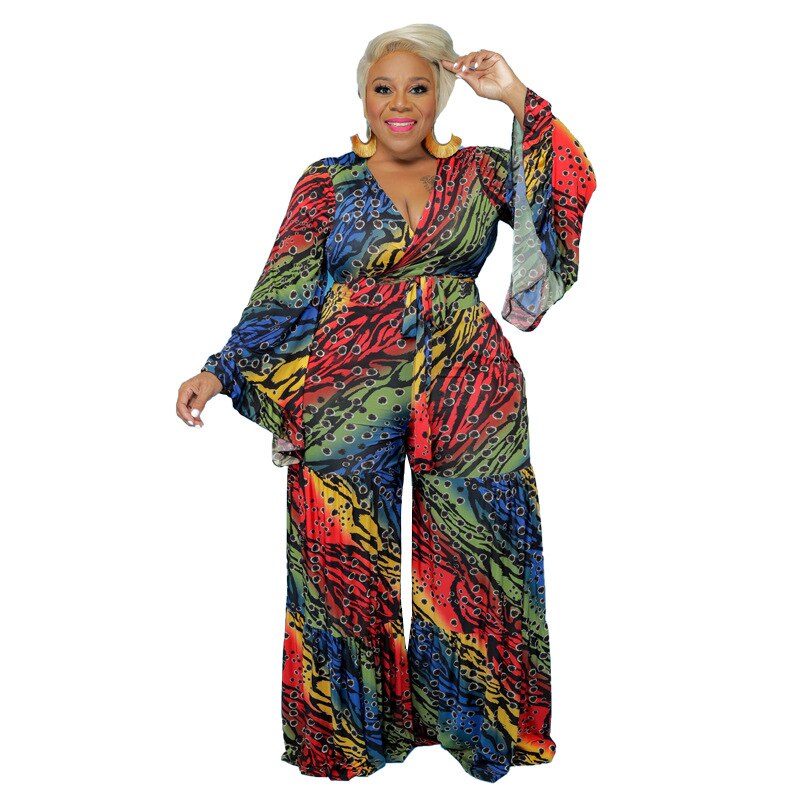 Plus Size Women Jumpsuit Tie Dye Print One Piece Outfit 2023 Spring Female Elegant Belt Jumpsuit Lady Designer Wide Leg Pant