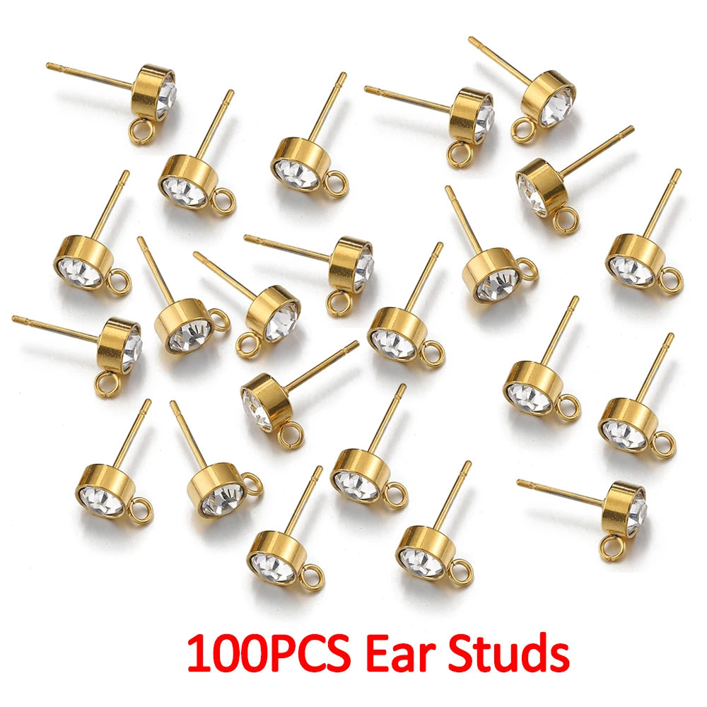 100pcs/20pcs Stainless Steel Rhinestone Earring Posts Gold Color Ear Studs with Loop Rings DIY Earrings Jewelry Making Supplies