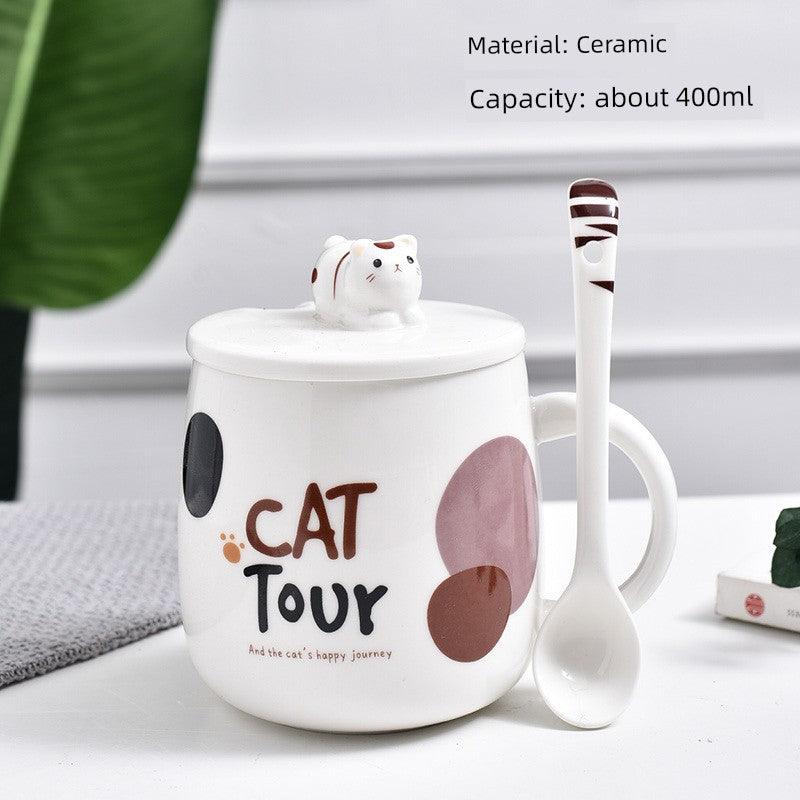 Cute Cat Mug Cartoon Porcelain Cup Couple Men and Women Water Cup Coffee Cup with Cover Spoon Breakfast Milk Cup