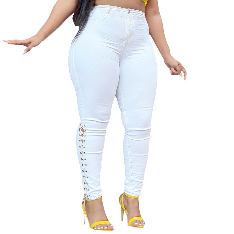 Plus Size Sexy Hollow Out White Skinny Jeans 3XL Summer Streetwear Women High Waist Ripped Lace Up Bandage Denim Pencil Pants