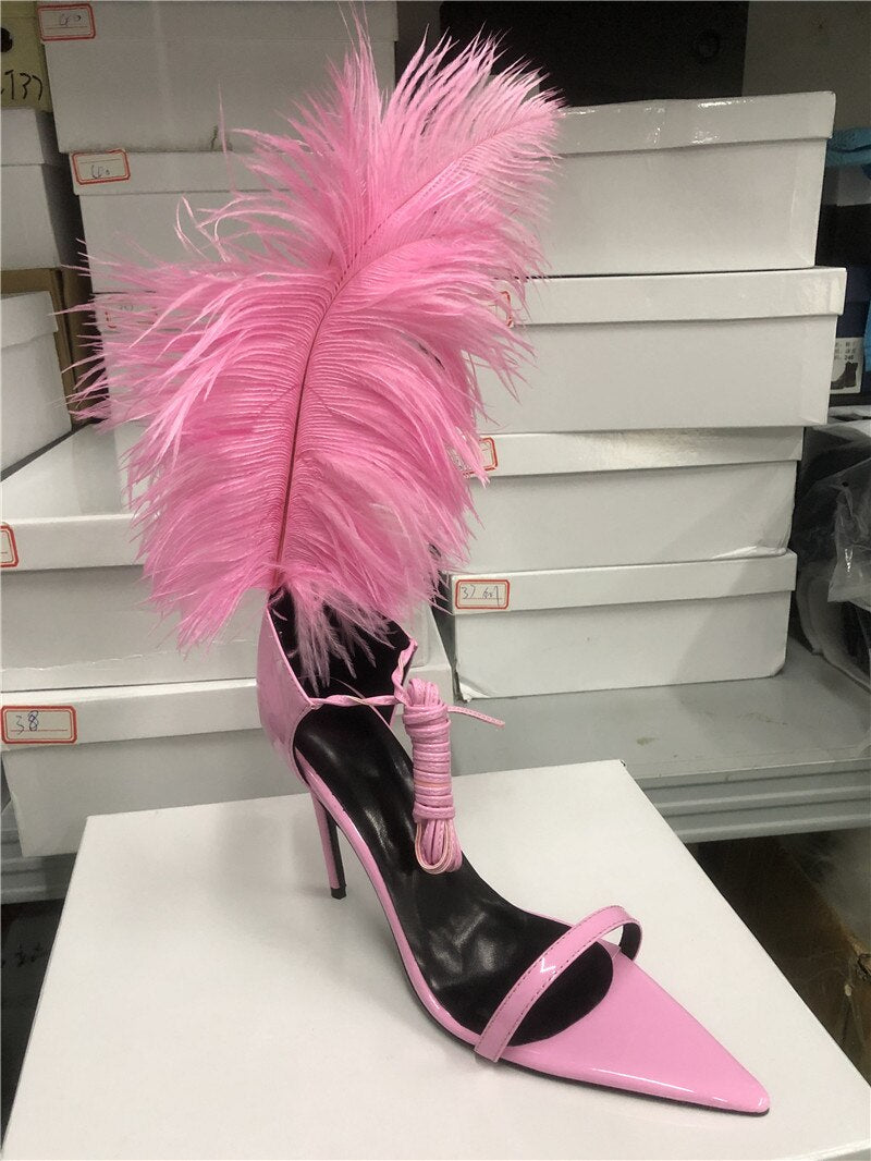 Feather Gladiator Sandals Women Fur Shoes Summer Cross-tied High-heeled Sandals Ostrich Hair Decor Thin High Heels Shoes 2023