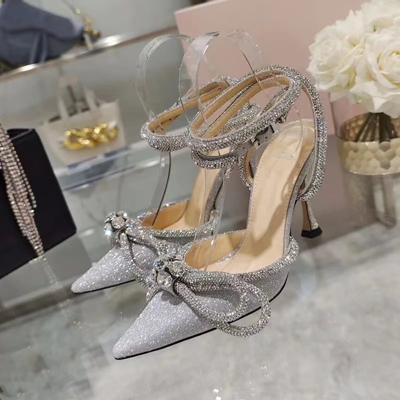 Ins style Glitter Crystal Women Pumps Sexy Ankle strap Rhinestones Bowknot Wedding High heels Fashion Summer Party Prom Shoes