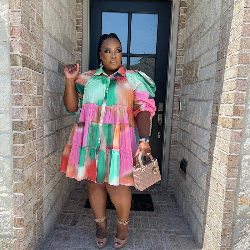 CM.YAYA Elegant Women Graffiti Cape Stye Big Swing Loose Smock Dress Plus Size Curve Chic Single Breasted Shirt Blouse Dresses