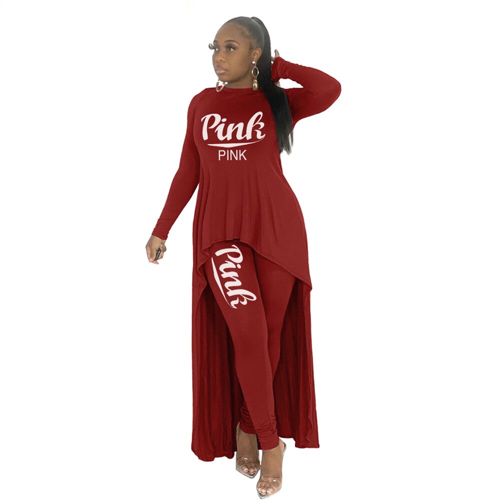 HLJ&amp;GG Fall Winter Casual Irregular Top + Skinny Pants Two Piece Sets Women Outfits Female PINK Letter Print Matching Tracksuits