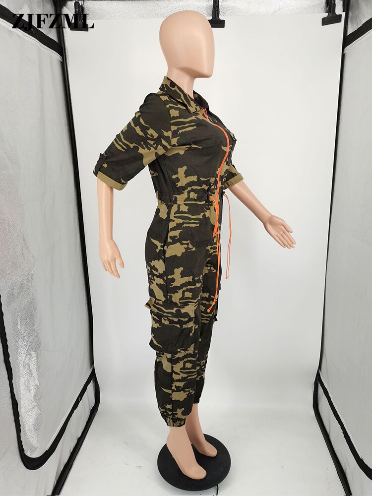 Camouflage Print Sport Rompers Womens Jumpsuit Casual Turn Down Collar Half Sleeve Overalls Active Wear Drawstring Bodysuit New