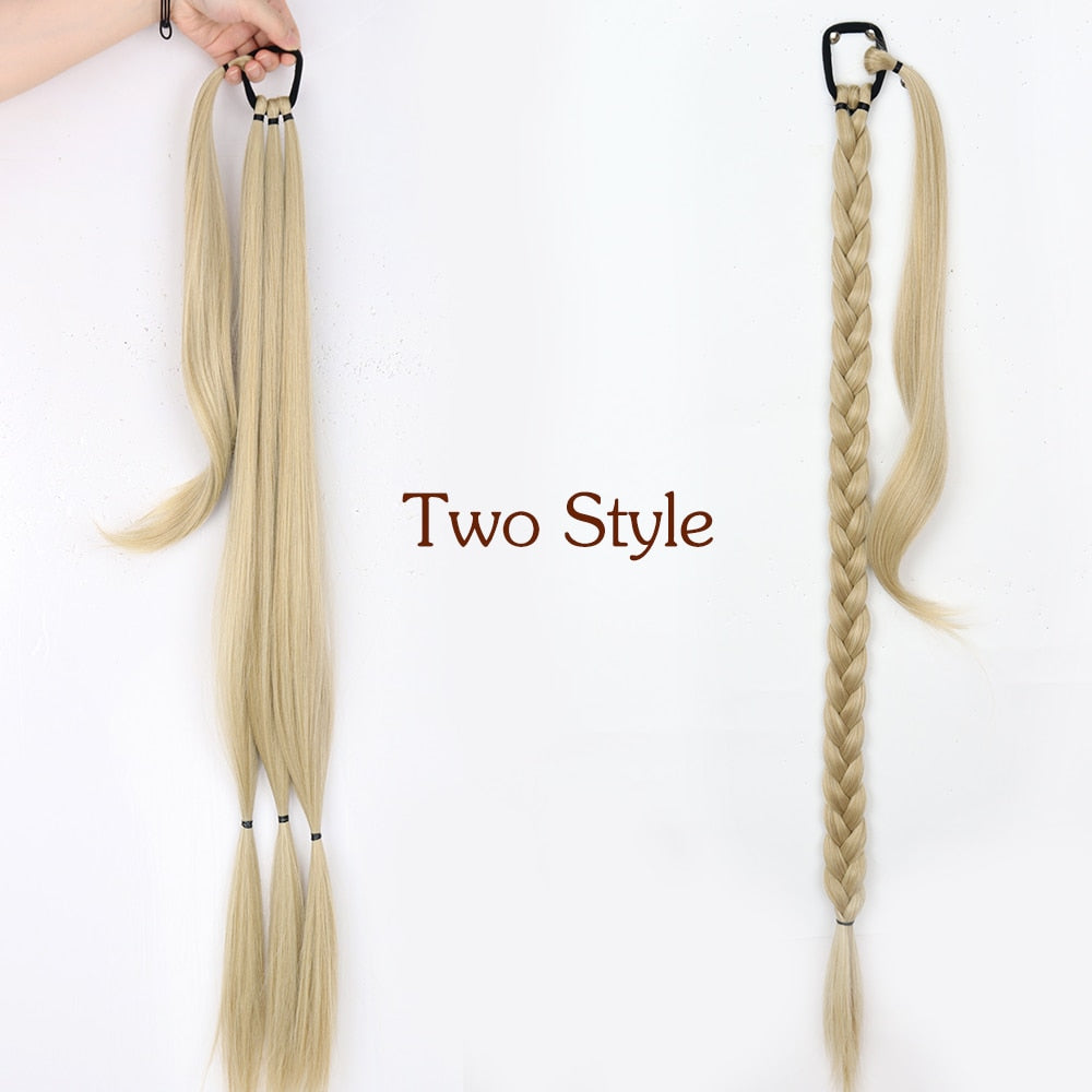 34inches Synthetic Long Braided Ponytail Hair Extensions for Women Black Brown Pony Tail with Hair Rope High Temperature Fiber