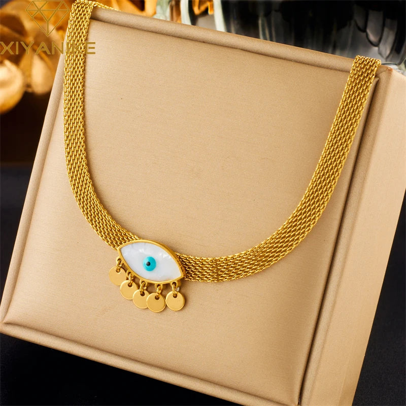 DIEYURO 316L Stainless Steel Blue Eyes Pendant Necklace Earrings For Women High Quality Choker Non-fading Jewelry Set Gifts