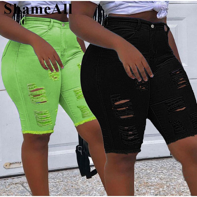 Sexy Ripped Skinny Jeans Shorts Fluorescent Destroyed Holes Stretch Leggings Short Pants Denim Bermudas Baggy Torn Jeggings