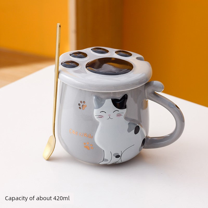 Cute Cat Mug Cartoon Porcelain Cup Couple Men and Women Water Cup Coffee Cup with Cover Spoon Breakfast Milk Cup