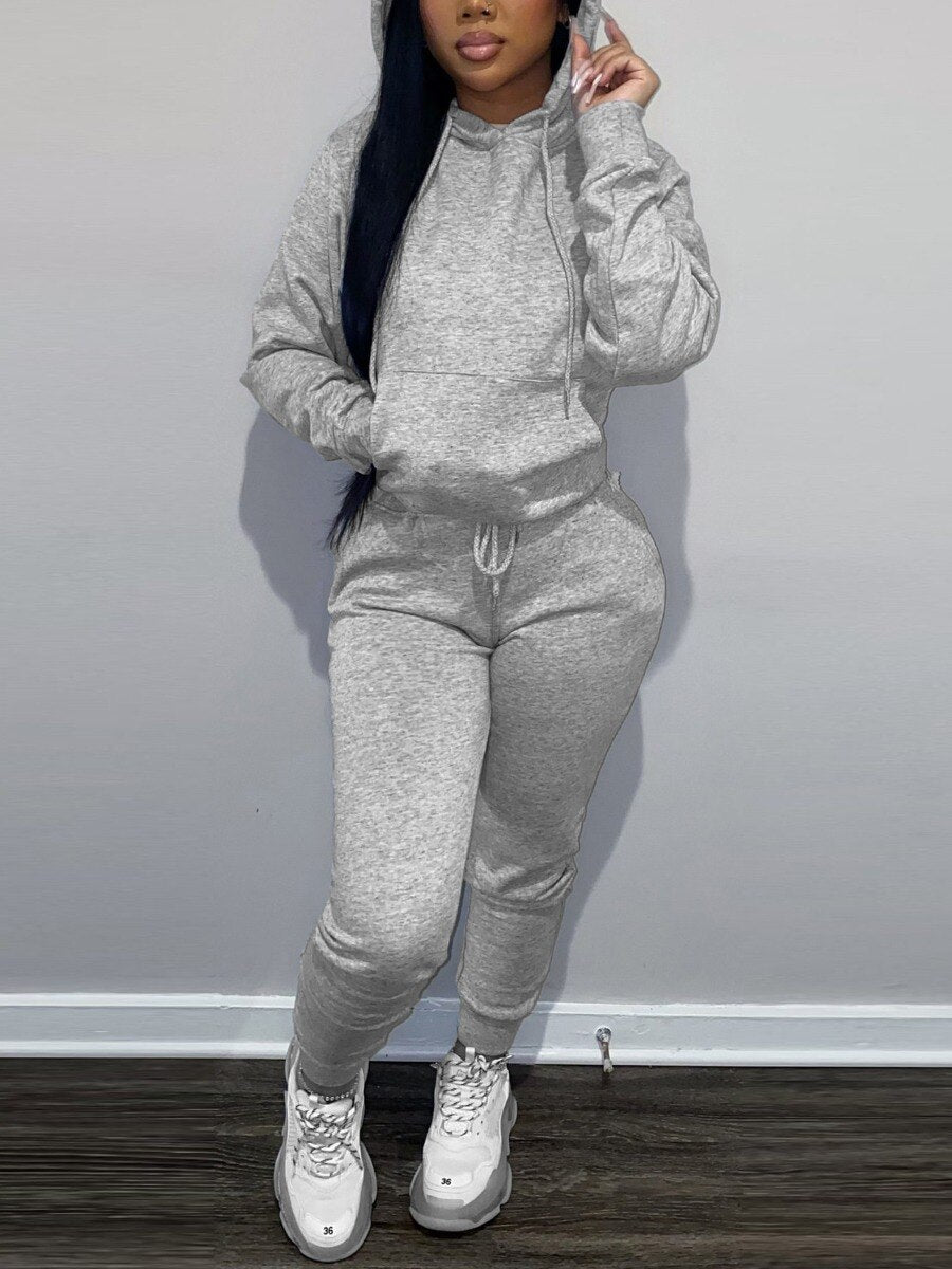 LW BASICS Hooded Collar Drawstring Tracksuit Set Two piece sets womens outifits Long Sleeve Lace-up Hooded Collar women sportswe