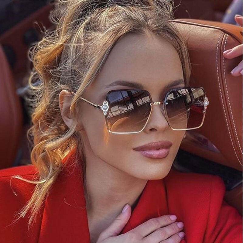 Half Frame Luxury Women Brand Sunglasses Pearl Square Fashion Shades UV400 Vintage Glasses