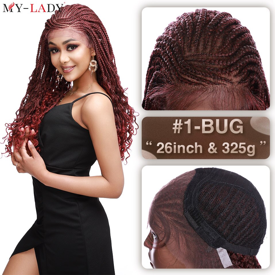 My-Lady Synthetic 26'' Cornrow Braids Lace Wigs Curly Ends Box Braided Lace Front Wig Baby Hair Frontal Afro Wig Black Women