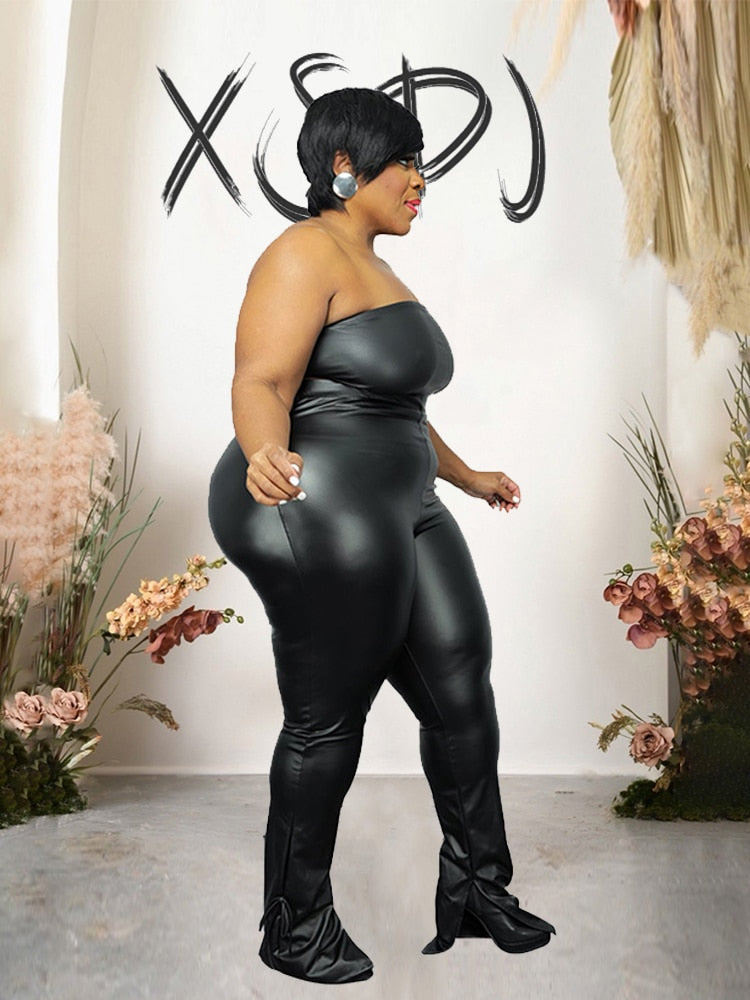 Plus Size Clothes Ladies Leather Pants and Strapless Top Summer Streetwear Sets Womens 2 Piece Fashion Suits PU Sexy Outfit