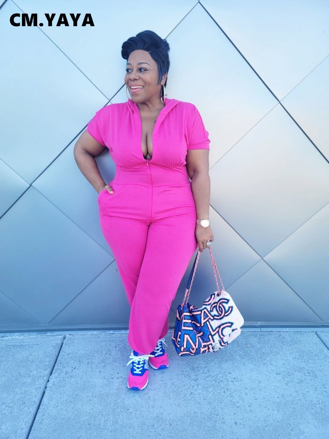 CM.YAYA Women Plus Size Jumpsuit Solid Hooded Zipper Strechy Jumpsuits with Pockets Casual One Piece Overall Summer Outfit