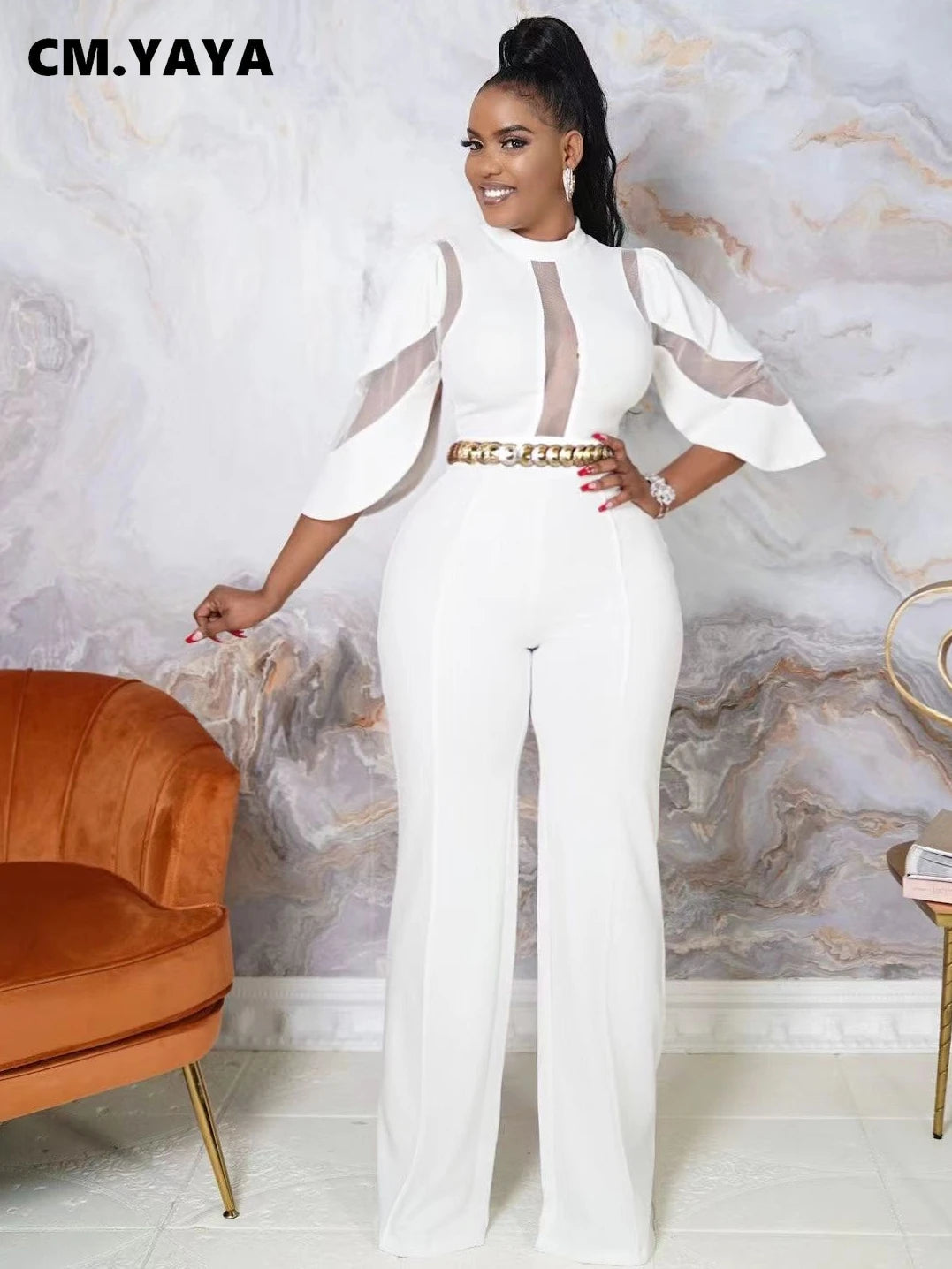 CM.YAYA Elegant Women Mesh Patchwork Irregular Sleeve High Waist Straight Jumpsuit Party INS Overall Wide Leg Straight Playsuit
