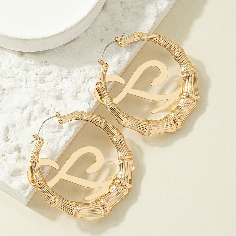 GSOLD Punk Rock A-Z Initial Bamboo Earrings For Women Party Hip-Hop Sexy Jewelry Letter Statement Large Circle Hoop Earring