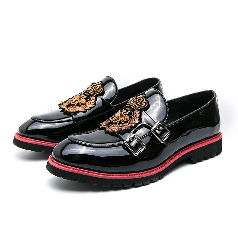 Loafers Men Shoes PU Black Round Toe Low Heel Fashion Daily Business Casual Party Embroidered Double Buckle Dress Shoes CP304