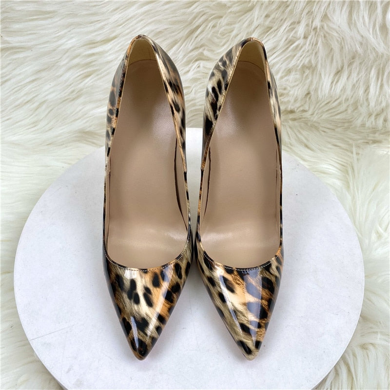 Heelgoo Sexy Women Leopard Patent Pointy Toe High Heel Shoes for Party 8cm 10cm 12cm Celebrity Stiletto Pumps Plus Size 33-46