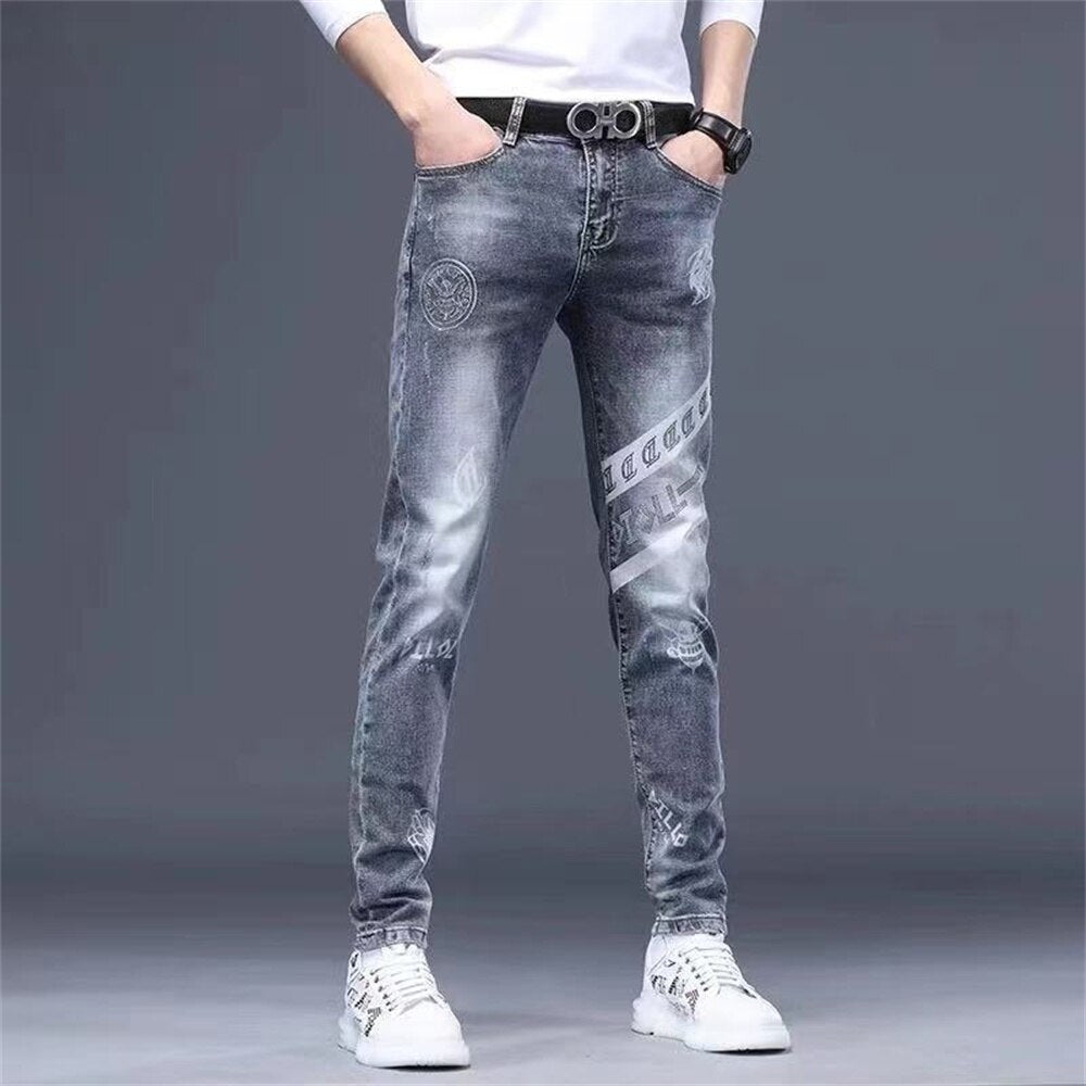 Mens stretch denim print pants jeans Korea slimming trendy casual jeans all-match light luxury men jeans pants for men