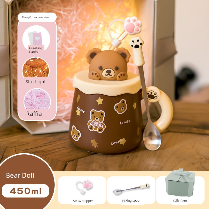 Cute Ceramic Cup Couple with Lid Spoon Straw Mug Home Breakfast Coffee Cup Women Office Water Glass Men