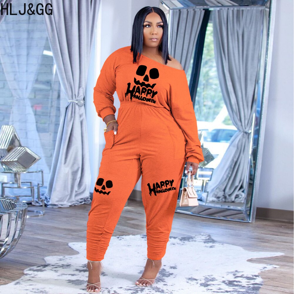 HLJ&amp;GG Casual Women Letter Print Jumpsuits Fall Winter Off Shoulder with Pocket One Piece Playsuits Female Clothing Dropshipping