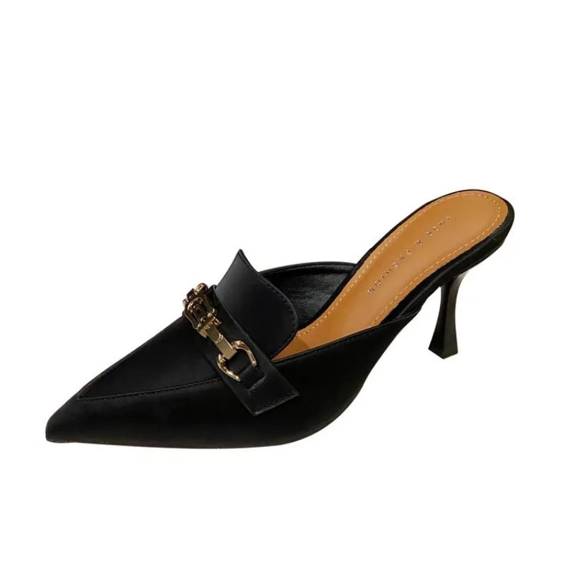 Snake Print Woman Pumps Slipper Fashion Gold Chain Sandal Shoes Ladies Pointed Toe Slip on Mules Thin Low Heels Slides
