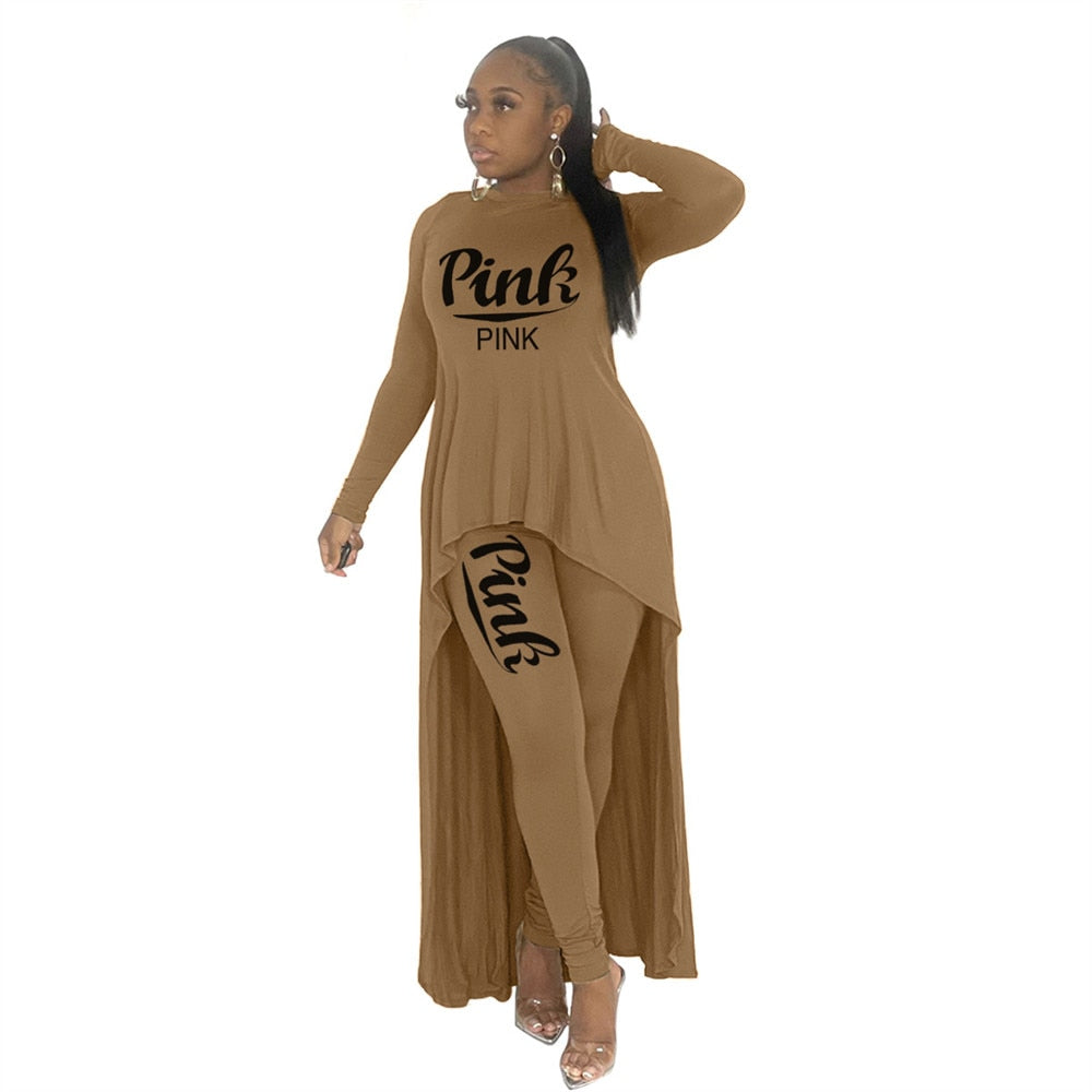 HLJ&amp;GG Fall Winter Casual Irregular Top + Skinny Pants Two Piece Sets Women Outfits Female PINK Letter Print Matching Tracksuits