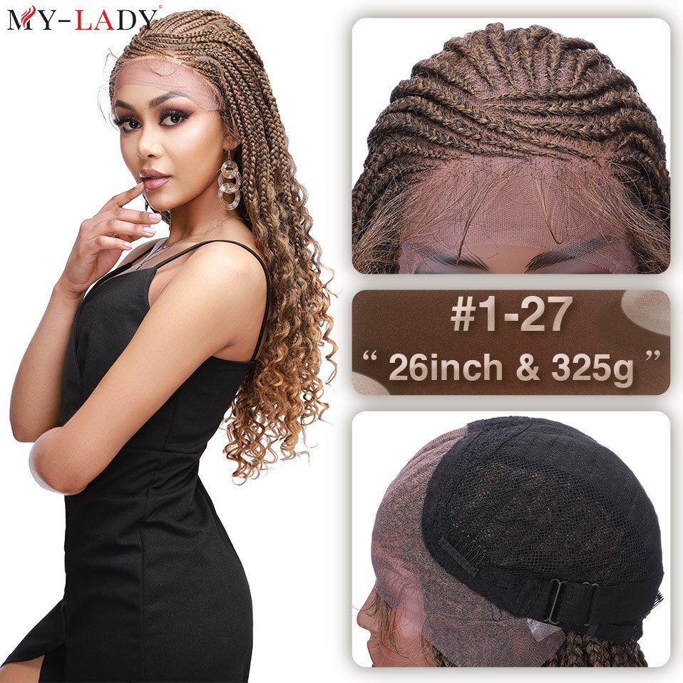 My-Lady Synthetic 26'' Cornrow Braids Lace Wigs Curly Ends Box Braided Lace Front Wig Baby Hair Frontal Afro Wig Black Women