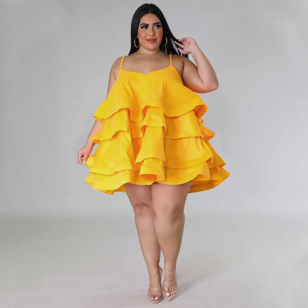 CM.YAYA Plus Size Vintage Women Cascanding Ruffles Big Swing Ball Gown Cake Babydoll Spaghetti Strap Sleeveless Dress Vestidos