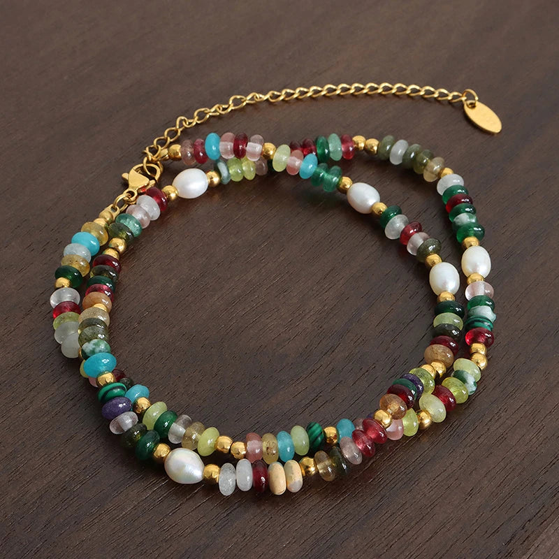 Boho Beaded Necklaces Bracelets For Women Multi Color Natural Stone Beads Stainless Steel Chain Neckalce Bracelet Jewelry Set