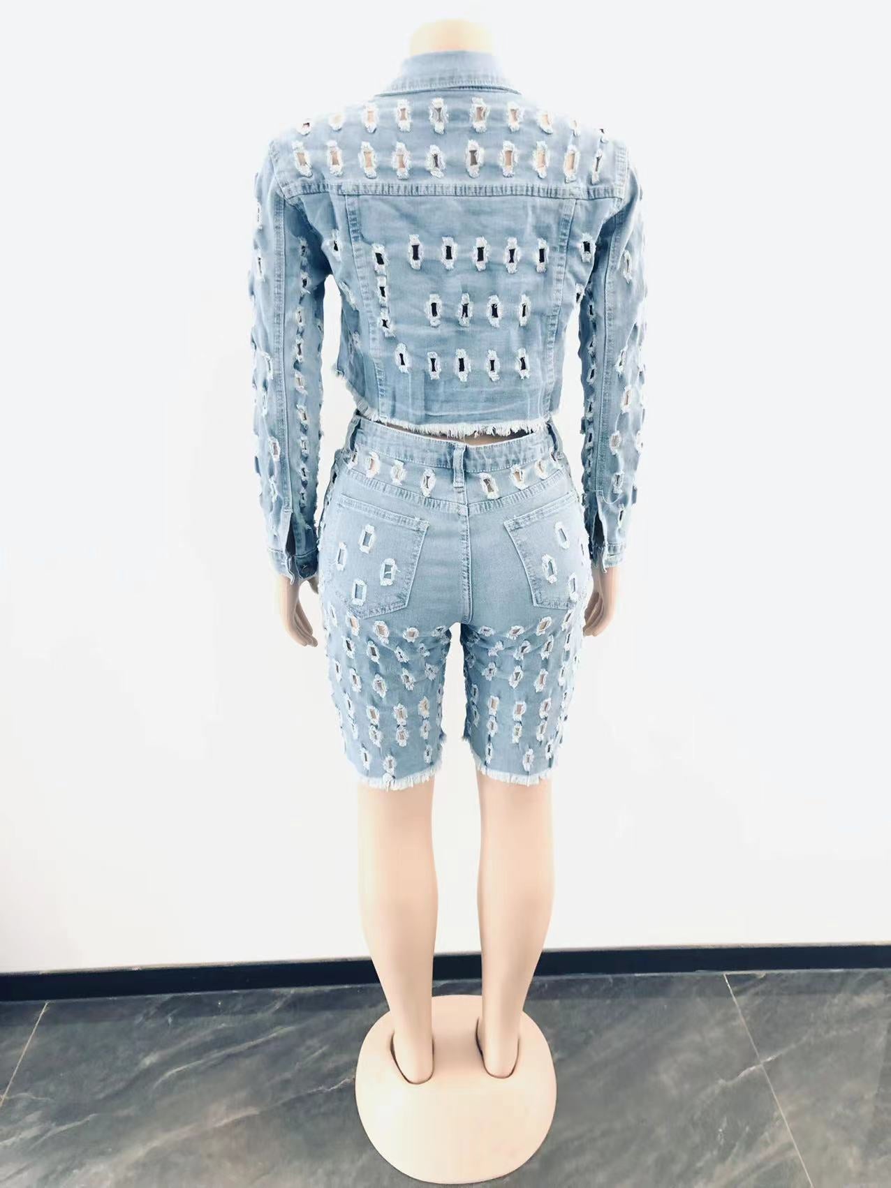 Women Denim Coats 2 Two Piece Set Casual Tracksuit Joggers Crop Jogging Suits Jackets Cargo Biker Short Pant Streetwear Outfits