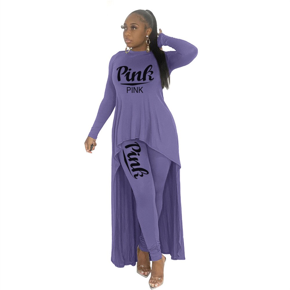 HLJ&amp;GG Fall Winter Casual Irregular Top + Skinny Pants Two Piece Sets Women Outfits Female PINK Letter Print Matching Tracksuits