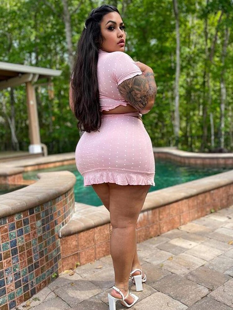 Plus Size 2 Piece Set Women Satin Skirt Set V Neck Crop Top Bodycon Sexy Summer Sweet Outfit Wholesale Bulk Dropshipping