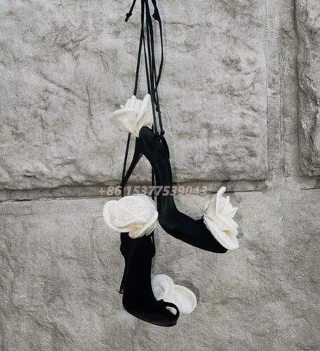 Rose Flowers-Embellished Rhinestone Single Straps Ankle Straps Lace Up Stlietto Sandals Hollow Sexy Dress Party High Heels Shoes