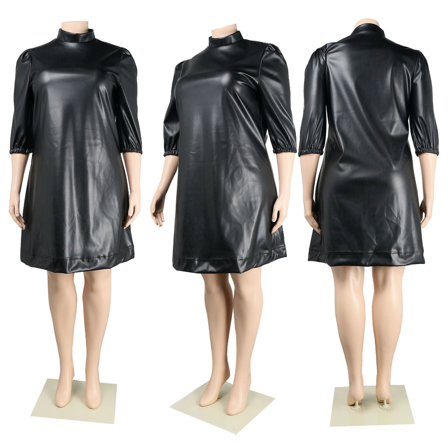 CM.YAYA Plus Size Women Half Length Black Faux Leather PU A-line Knee Length Dress for Winter Spring Streetwear Basic Dresses
