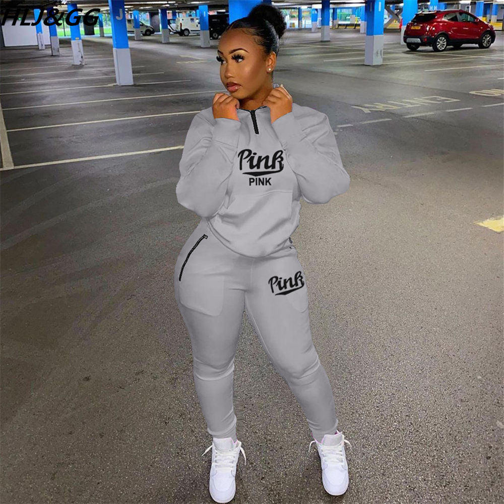 HLJ&amp;GG Winter Tracksuits Two Piece Sets Pink Letter Print Solid Casual Outfits Zip Sweatshirt + Pockets Pants Women Sweat Suits