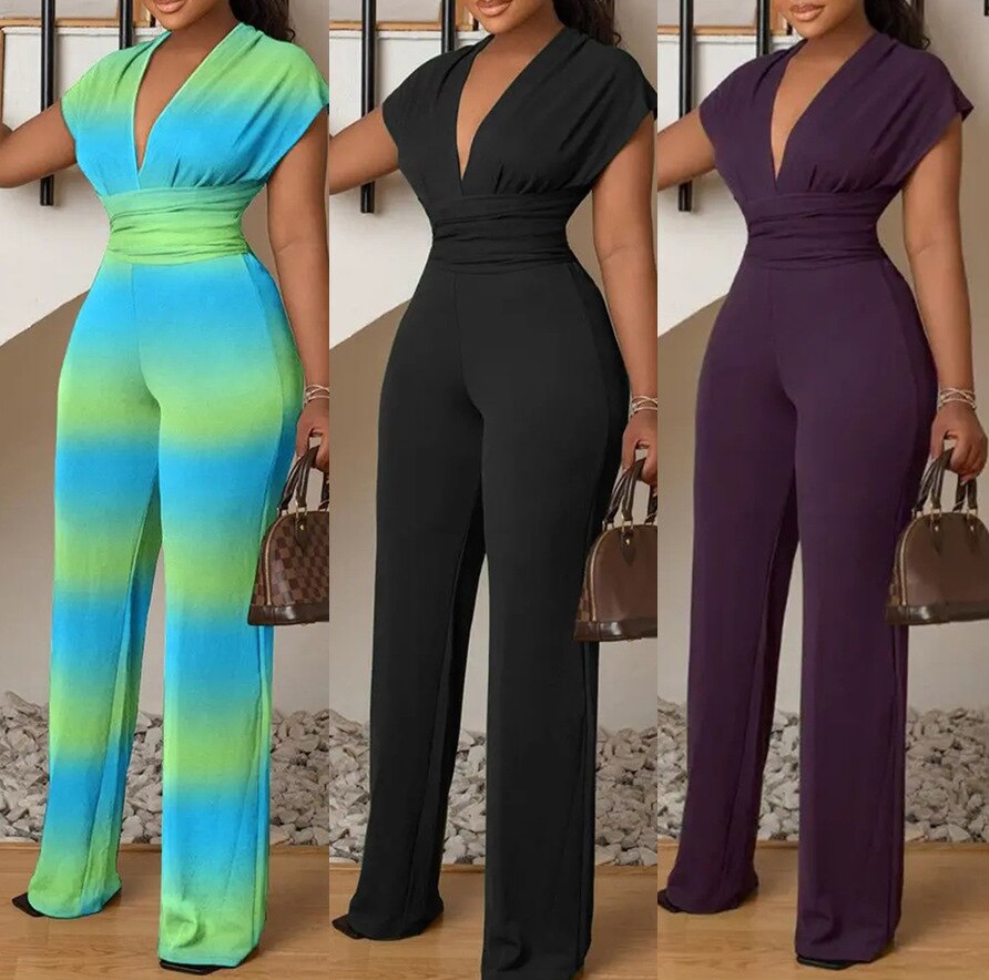 Summer Long Wide Leg Jumpsuit Women Fashion Office Lady V-neck Short Sleeved High Waist Jumpsuit Women