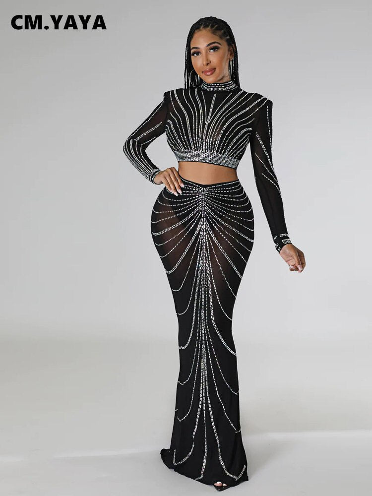 CM.YAYA Elegang Mesh See Though Diamonds Hot Rhinestones Maxi Long Midi Skirts Sets for Women Sexy Party Two 2 Piece Set Outfits